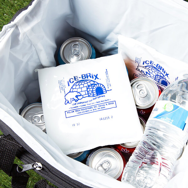 A white bag filled with food and drinks and a case of Polar Tech Ice Brix cold packs.