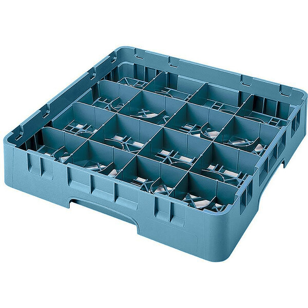 A blue plastic Cambro glass rack with 16 compartments.