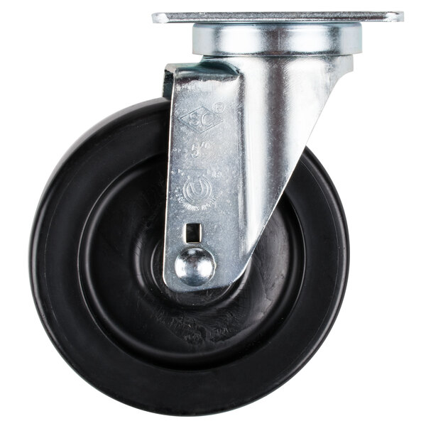 A close-up of a 5" swivel plate caster with a black and silver polypropylene wheel.