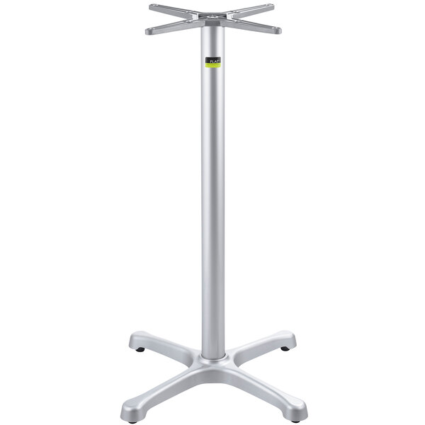 A silver FLAT Tech bar height table base with a white background.