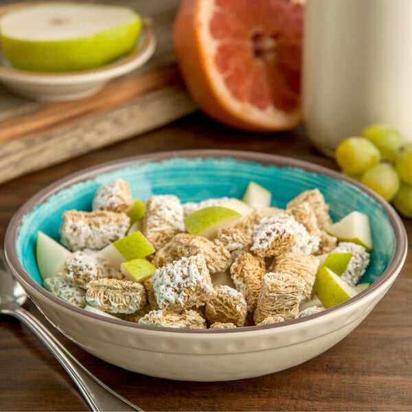 A Carlisle Aqua Melamine cereal bowl filled with cereal and fruit.