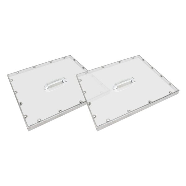 A pair of clear plastic rectangular pan covers with metal rivets.
