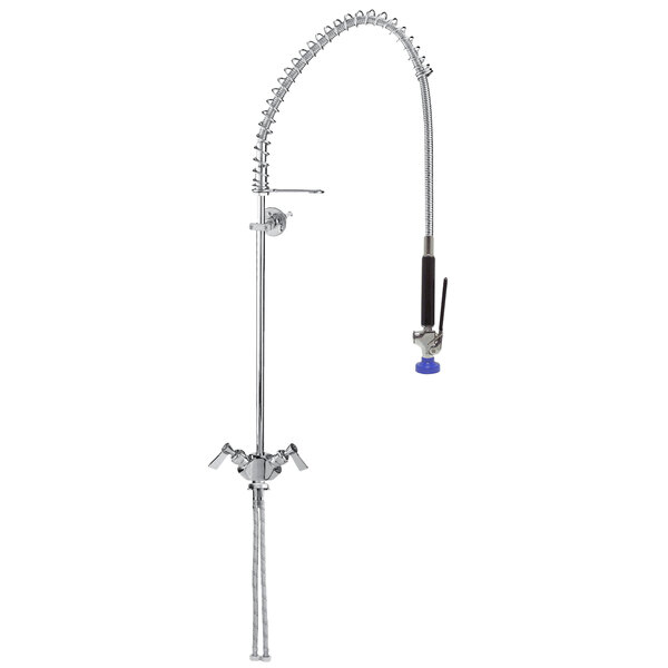 A Fisher chrome pre-rinse faucet with a blue spout and hose.