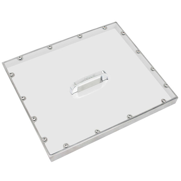 A clear plastic Turbo Air pan cover with silver metal handles.