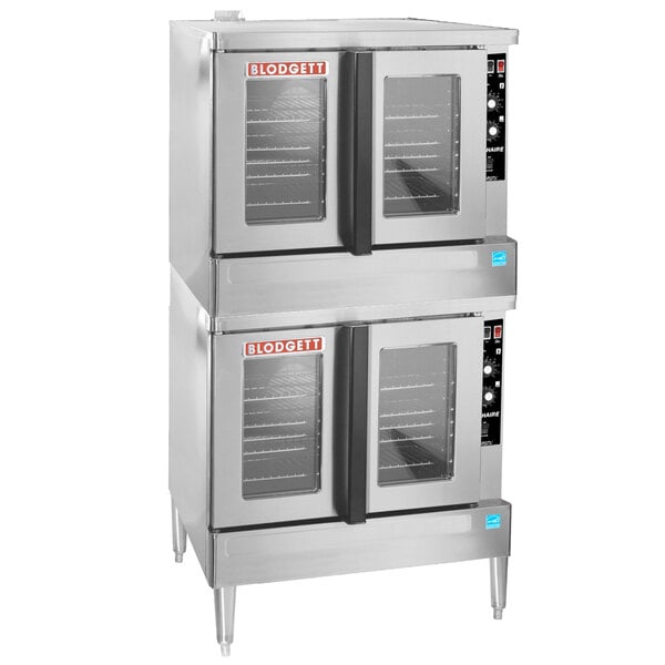 A stainless steel Blodgett Zephaire-100-G-ES double deck convection oven with two doors and racks.