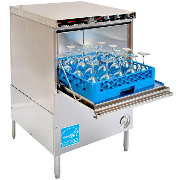 A CMA undercounter glass washer filled with wine glasses.