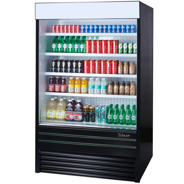 A black Turbo Air air curtain merchandiser with drinks and beverages on display.
