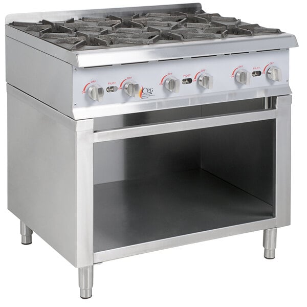 A stainless steel Cooking Performance Group gas range with six burners.