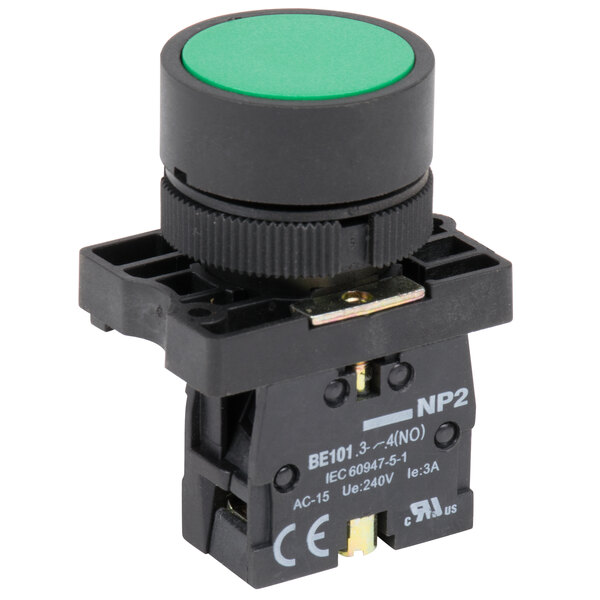 A black and green Avantco round push button switch.