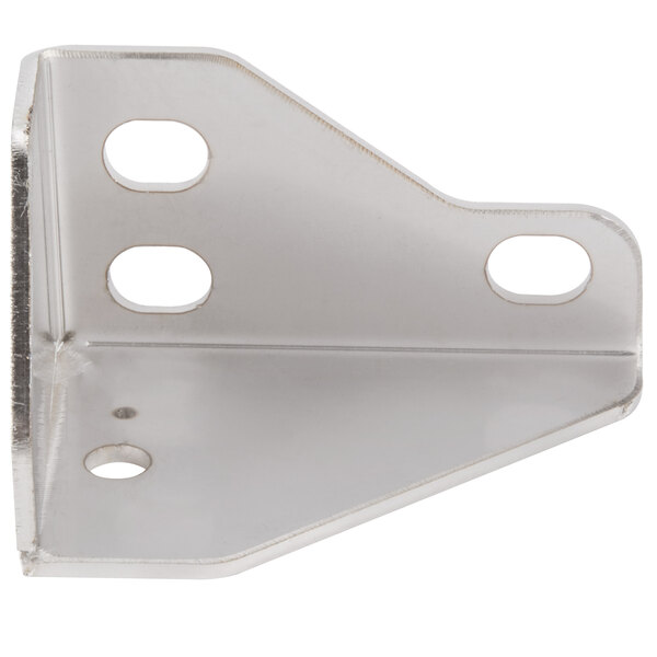 An Avantco metal corner bracket with holes for a door hinge.
