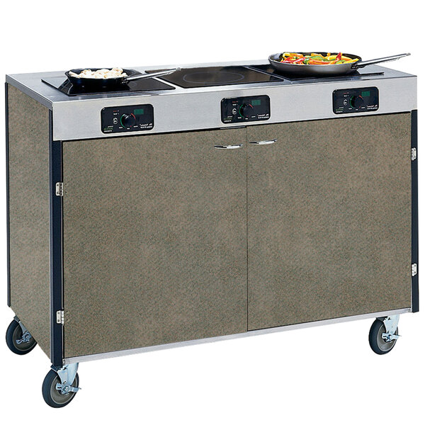 A Lakeside mobile cooking cart with 3 induction burners and pans on top.