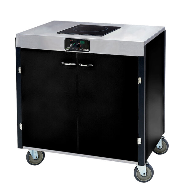 A black and silver Lakeside mobile cooking cart with a stove top.