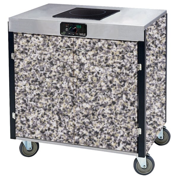 A Lakeside mobile cooking cart with an induction burner on a gray granite top.