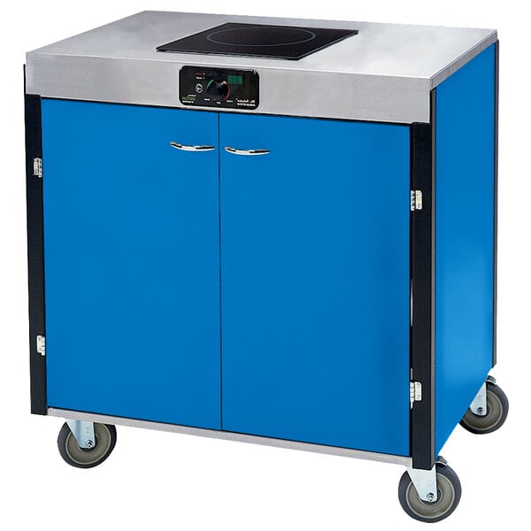 A blue Lakeside mobile cooking cart with a stove top.