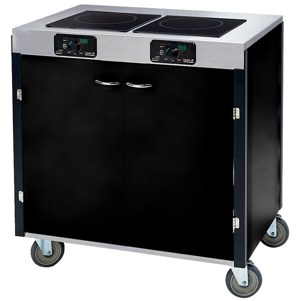 A black and silver Lakeside mobile cooking cart with two induction burners.