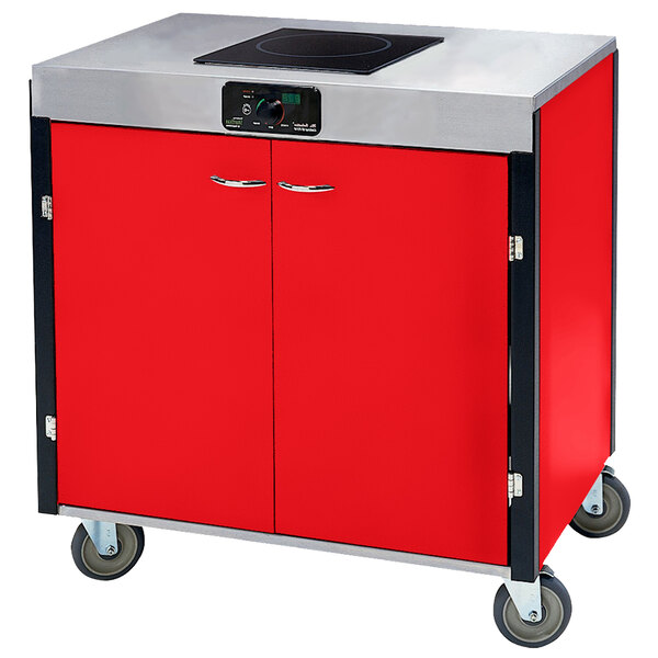 A red and black Lakeside mobile cooking cart with an induction burner.
