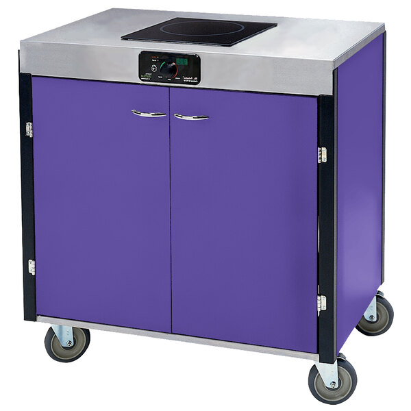 A purple and silver Lakeside mobile cooking cart with wheels.