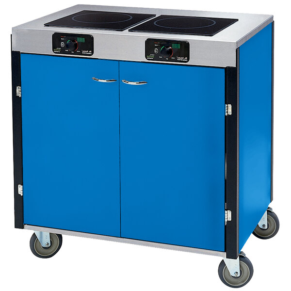 A blue and silver Lakeside mobile cooking cart with two induction burners.