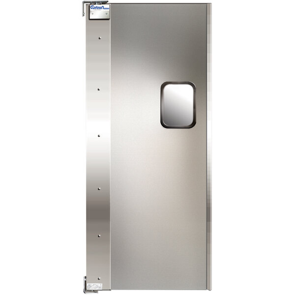 A close-up of a stainless steel Curtron Service-Pro Series swinging traffic door.