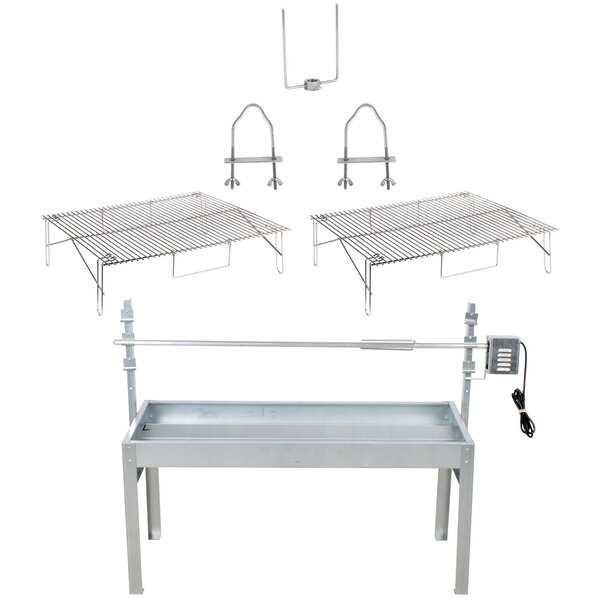 A metal table and shelves with a Party Que Charcoal Rotisserie Grill and parts.