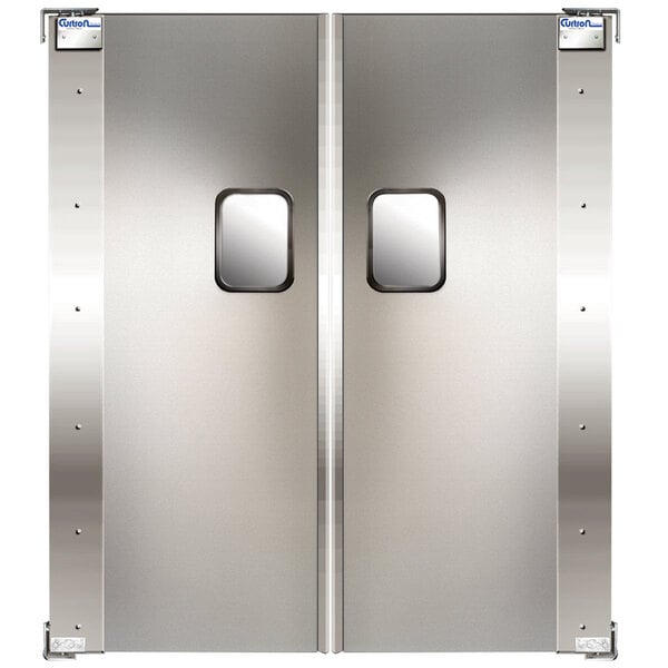 A double stainless steel swinging traffic door with two rectangular windows.