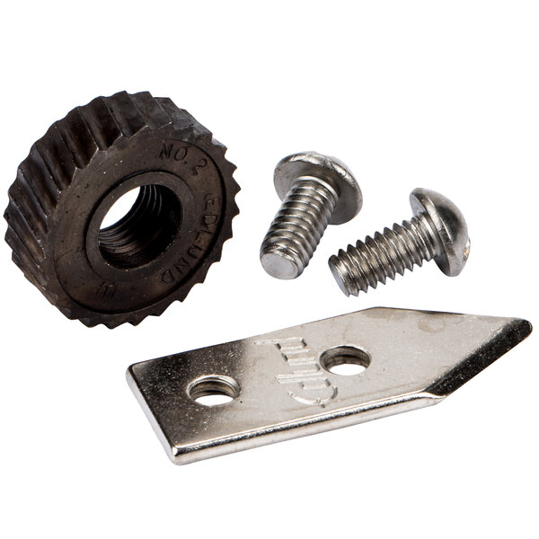 The Edlund KT1200 replacement knife and gear kit for #2 Old Reliable can openers, including a close-up of a gear, screw and nut.
