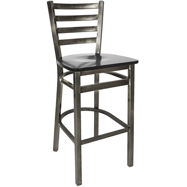 A BFM Seating black steel bar height chair with a black wooden seat.