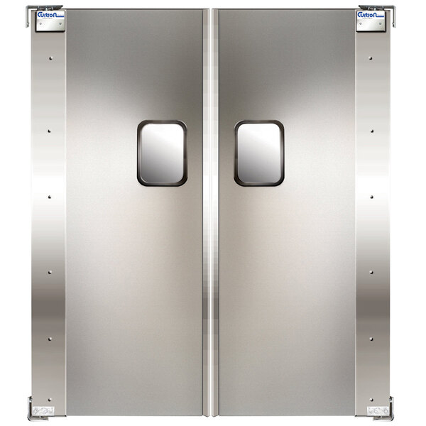 A white rectangular double stainless steel swinging traffic door with black square windows.