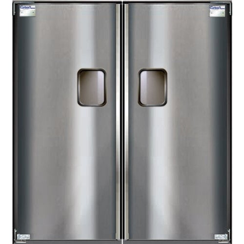 A close-up of a double aluminum swinging Curtron traffic door.