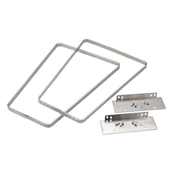 A metal frame with metal brackets and screws.