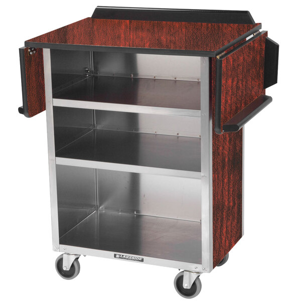 A Lakeside stainless steel beverage service cart with red maple laminate shelves and black wheels.