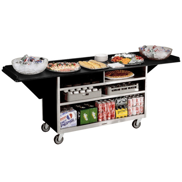 A Lakeside black stainless steel beverage service cart full of food and drinks.
