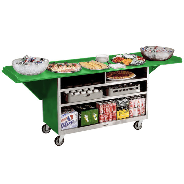 A green Lakeside serving cart with food and drinks on it.
