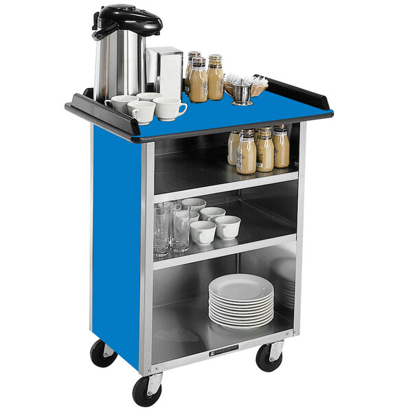 A Lakeside stainless steel beverage service cart with a royal blue laminate finish and black coffee pot and cups on top.