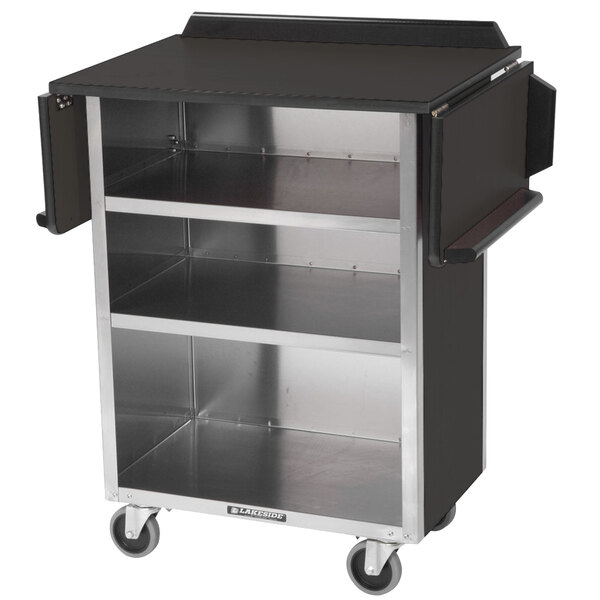 A Lakeside black and silver stainless steel beverage service cart with open shelves.