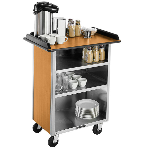 A Lakeside stainless steel beverage service cart with a shelf full of cups.