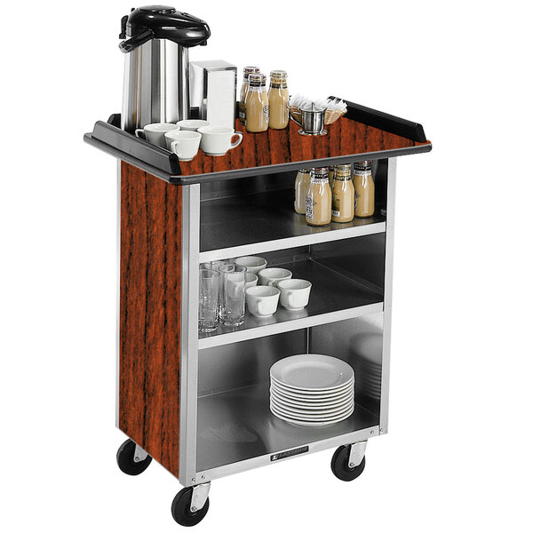 A Lakeside serving cart with a coffee maker and cups on a shelf.