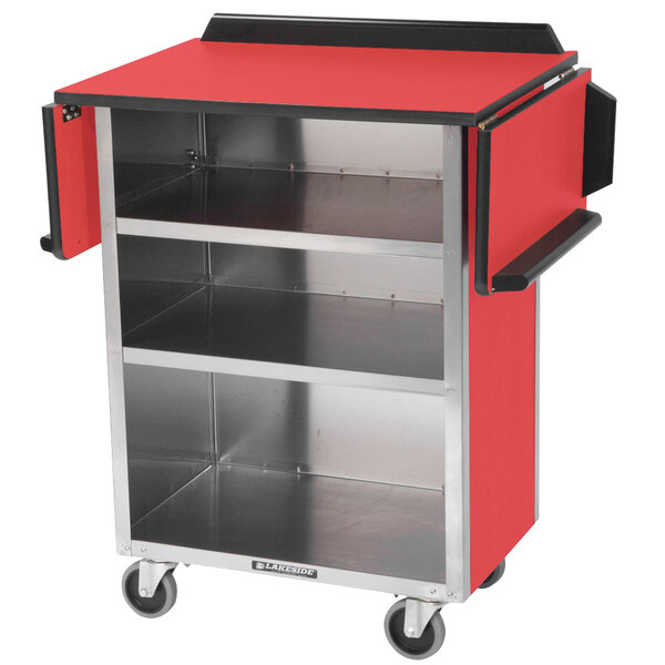 A Lakeside stainless steel beverage service cart with red laminate shelves and black metal accents.