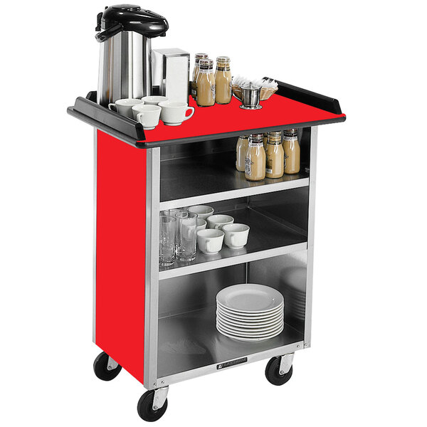 A Lakeside stainless steel beverage service cart with a red laminate surface holding cups and sauces.