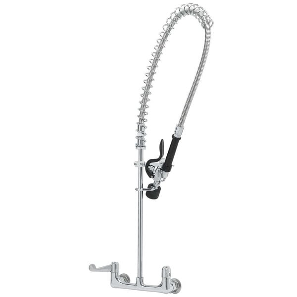 A chrome Equip by T&S wall mounted pre-rinse faucet with a hose.