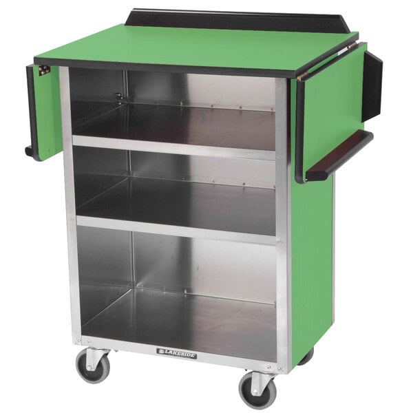 A green and stainless steel Lakeside beverage service cart with wheels.