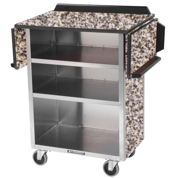 A Lakeside stainless steel beverage service cart with a gray sand laminate drop-leaf counter top.