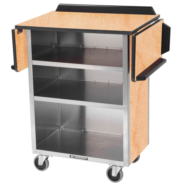 A Lakeside stainless steel drop-leaf beverage service cart with hard rock maple laminate shelves and wheels.