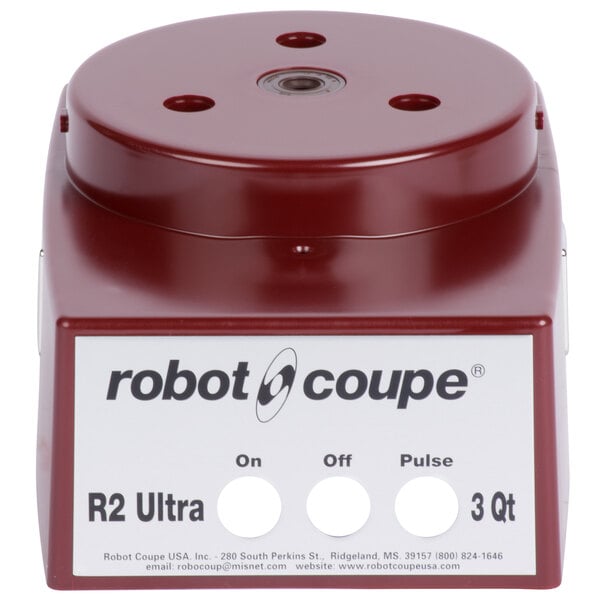 A red Robot Coupe motor support assembly with a white label.
