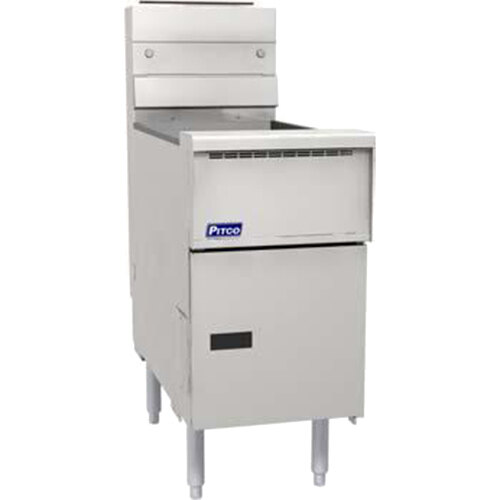 A white rectangular Pitco floor fryer with a black border.