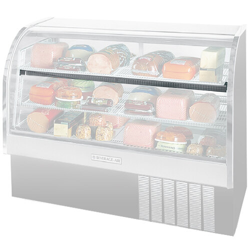 Beverage-Air shelf light installed in a curved glass refrigerated display case with food on shelves.