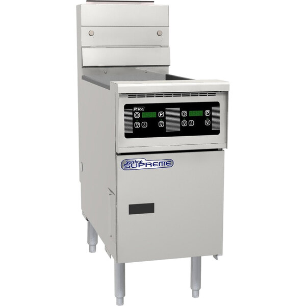 A white Pitco floor fryer with a screen.