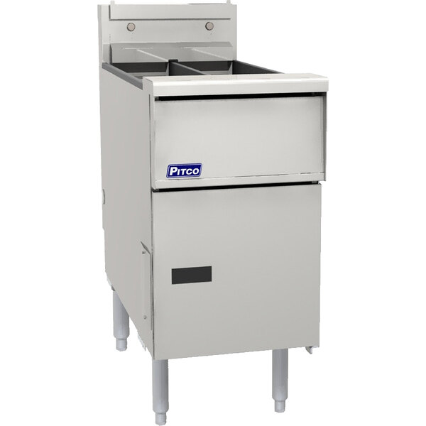 A Pitco stainless steel liquid propane floor fryer with touch screen controls.