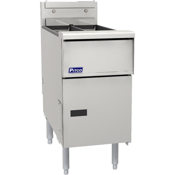 A stainless steel Pitco floor gas fryer with touch screen controls.