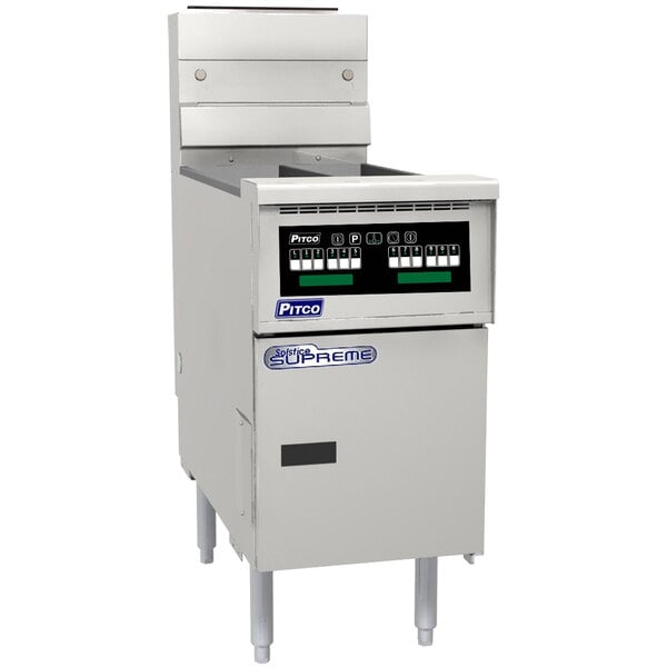 A large white Pitco floor fryer with buttons and a digital display.